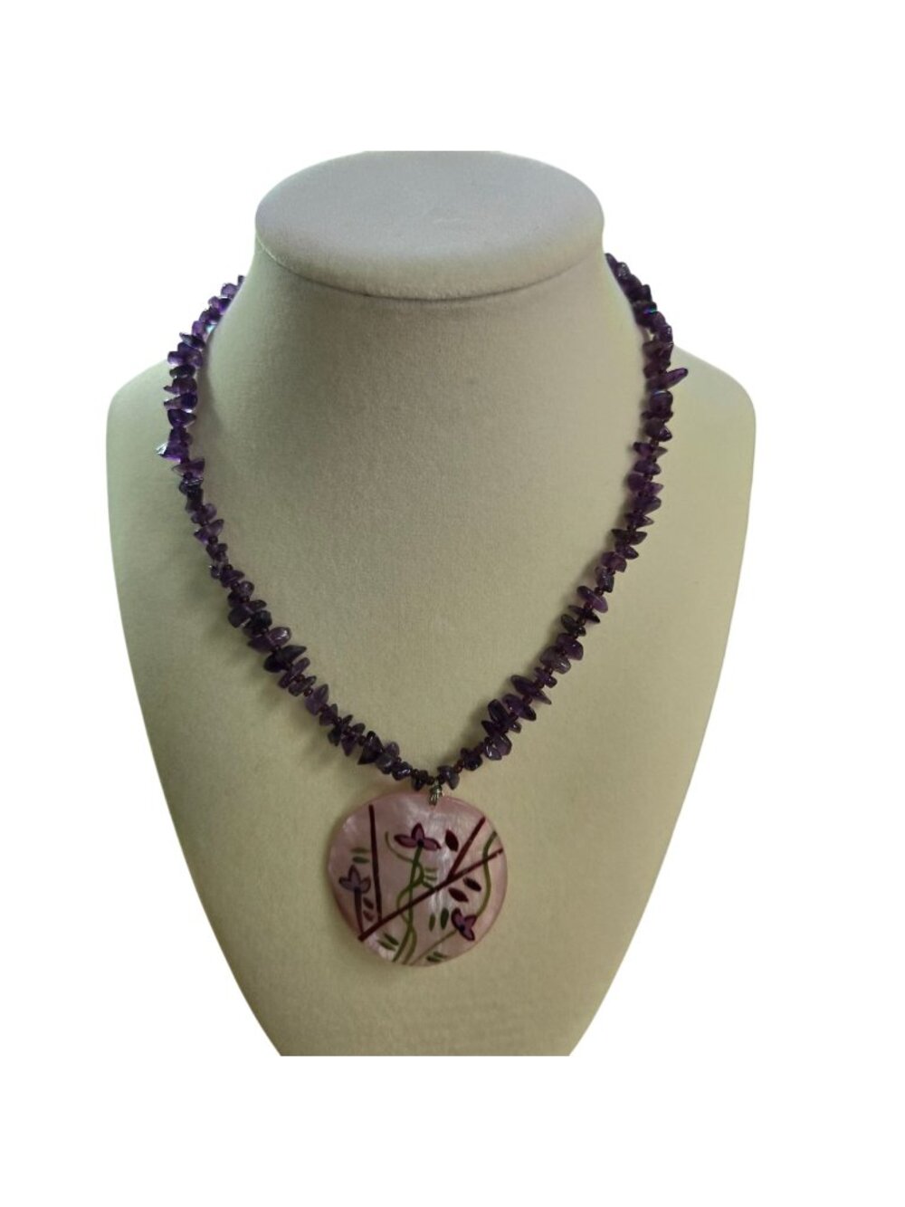 Vintage Handcrafted Amethyst Chip Beaded Necks Hand Painted Shell Pendant 18"